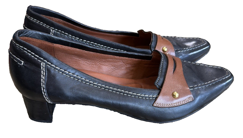 Johnston & Murphy Women's Leather Loafer Heels Black Brown Two Tone pointed 9